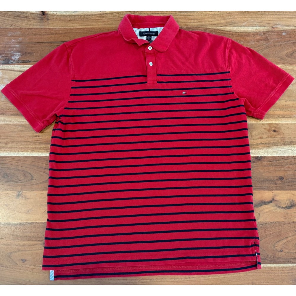 Tommy Hilfiger Mens XXL Red Navy Blue Striped Cotton Pique Regular Fit Polo